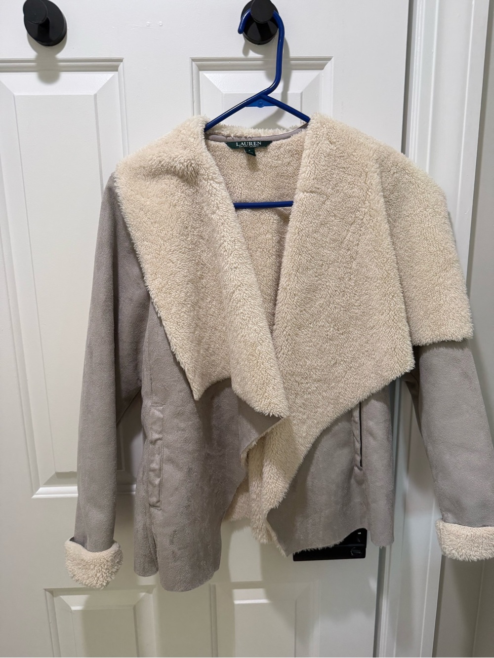 Lauren Ralph Lauren Taupe Jacket with Cream Faux-Shearling Trim